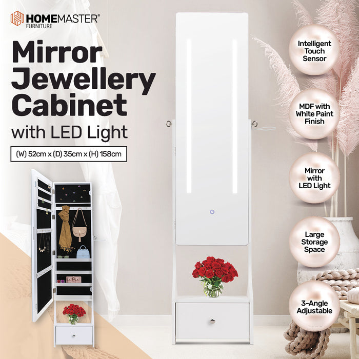 Domus Premium158cm Full Length Adjustable LED Mirror Jewellery Cabinet in White