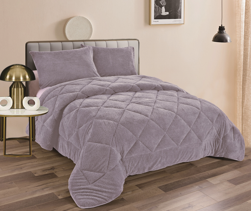 Fluffy Soft Teddy Fleece 3pc Comforter Set | Ultra Warm Bedding Fluffy Comforter | 2 Sizes - 4 Colours