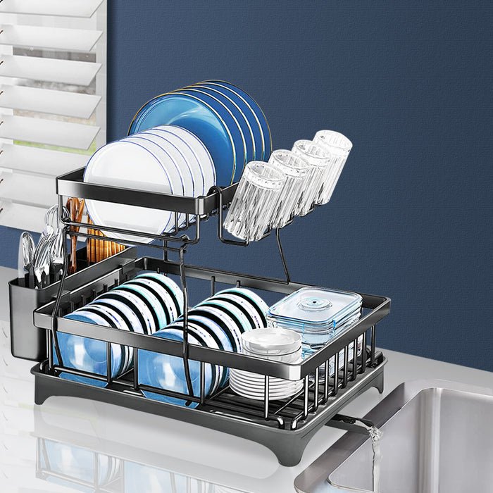 2 Tier Black High Quality Dish Drying Rack | Detachable Dish Drainer Unit