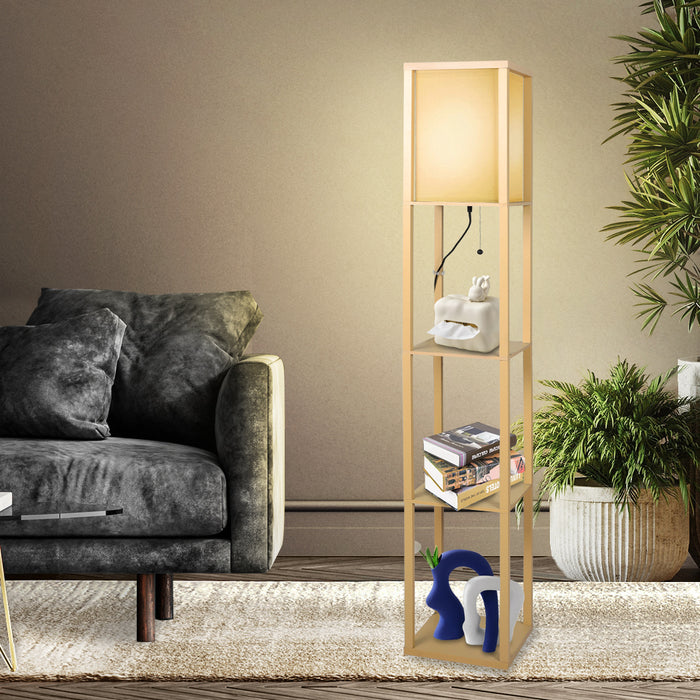 Premium LED Floor Lamp with Storage Shelves in Wood Finish