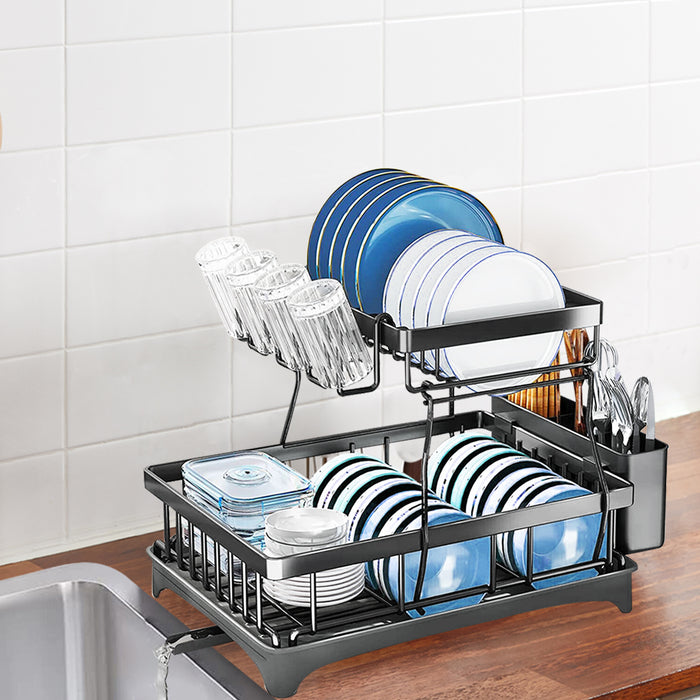 2 Tier Black High Quality Dish Drying Rack | Detachable Dish Drainer Unit