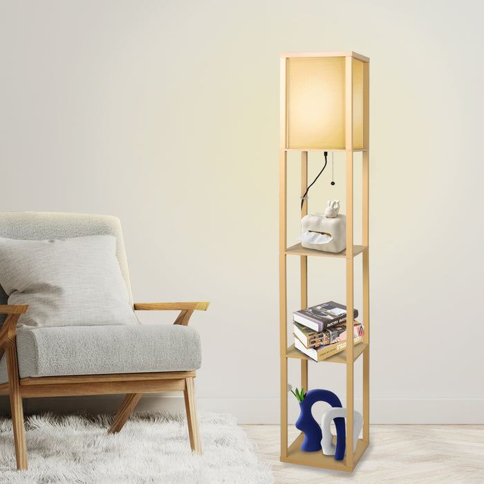 Premium LED Floor Lamp with Storage Shelves in Wood Finish